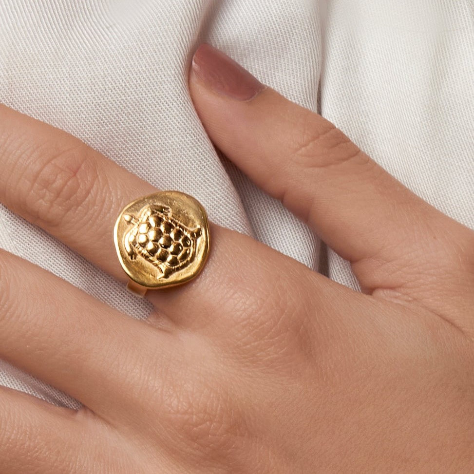 Turtle Ancient Greek Coin - Gold Plated Silver Ring