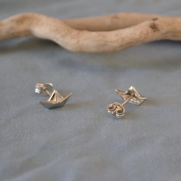 Origami Paper Boat Silver Earrings