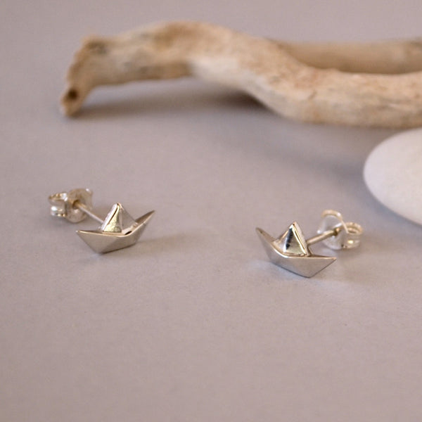 Origami Paper Boat Silver Earrings