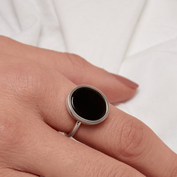 Black Agate Statement Silver Ring
