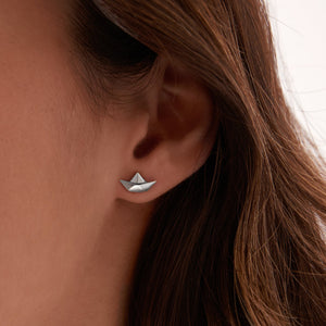 Origami Paper Boat Silver Earrings