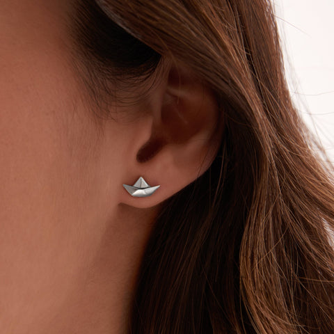Origami Paper Boat Silver Earrings