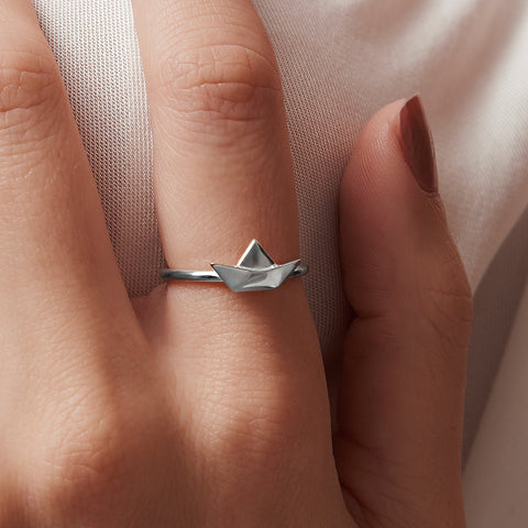 Origami Paper Boat Silver Ring