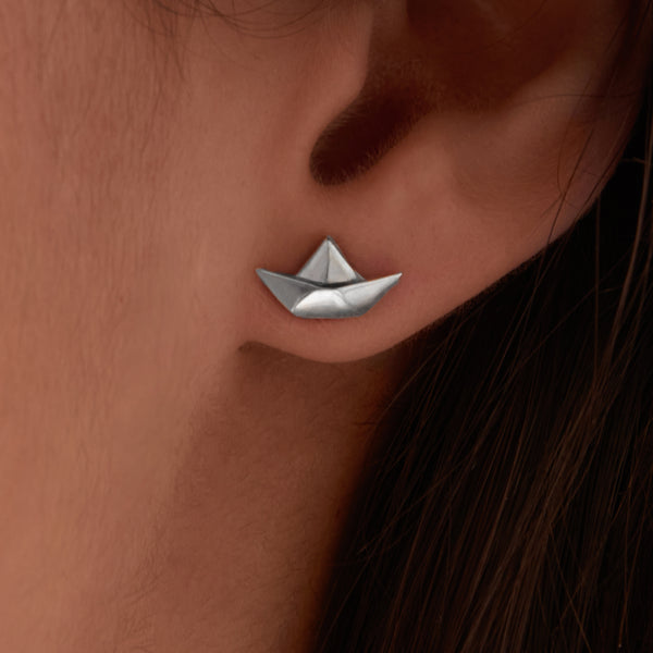 Origami Paper Boat Silver Earrings