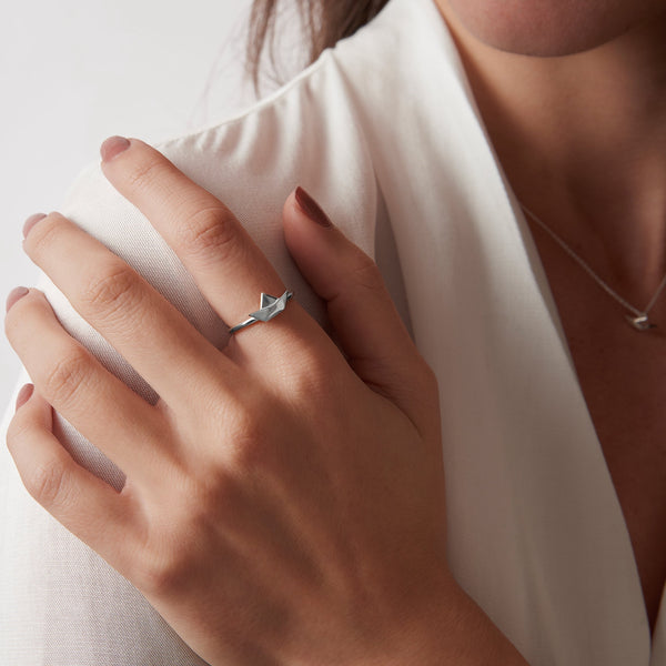 Origami Paper Boat Silver Ring